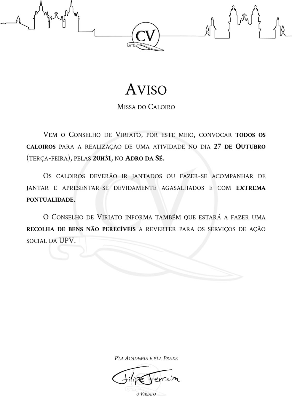 Aviso: Missa do Caloiro